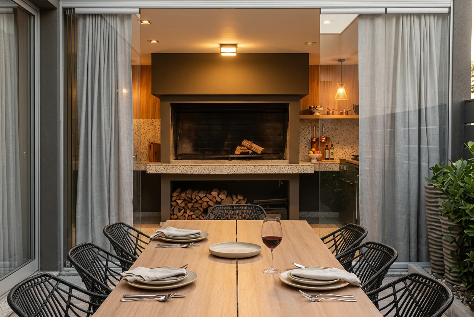 Covered summer kitchen with a wood-fired grill and dining table at dusk