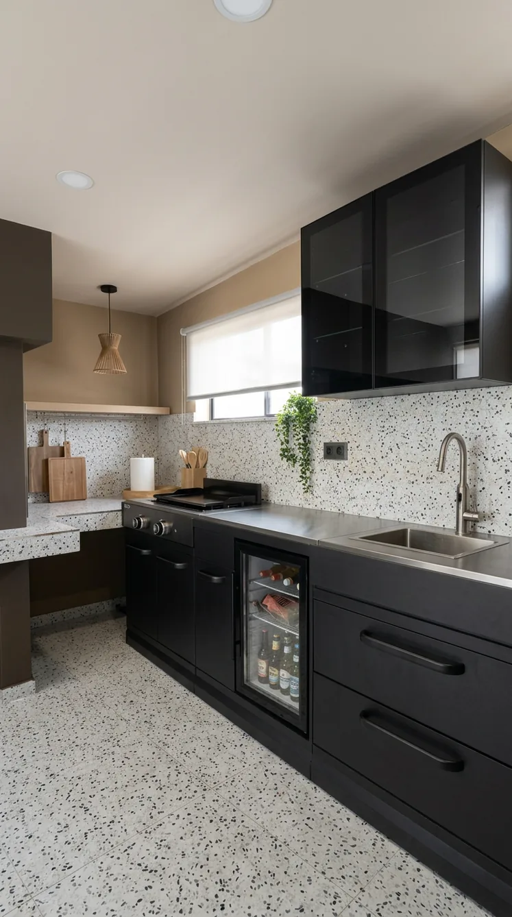 Compact kitchen wall with terrazzo detailing