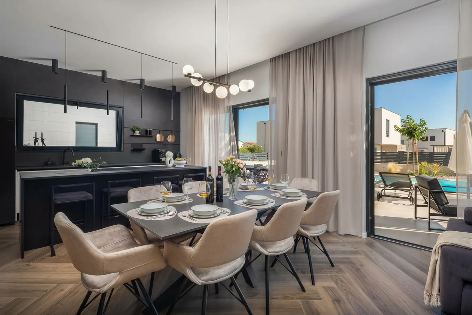 Dining and kitchen open plan with the terrace beyond