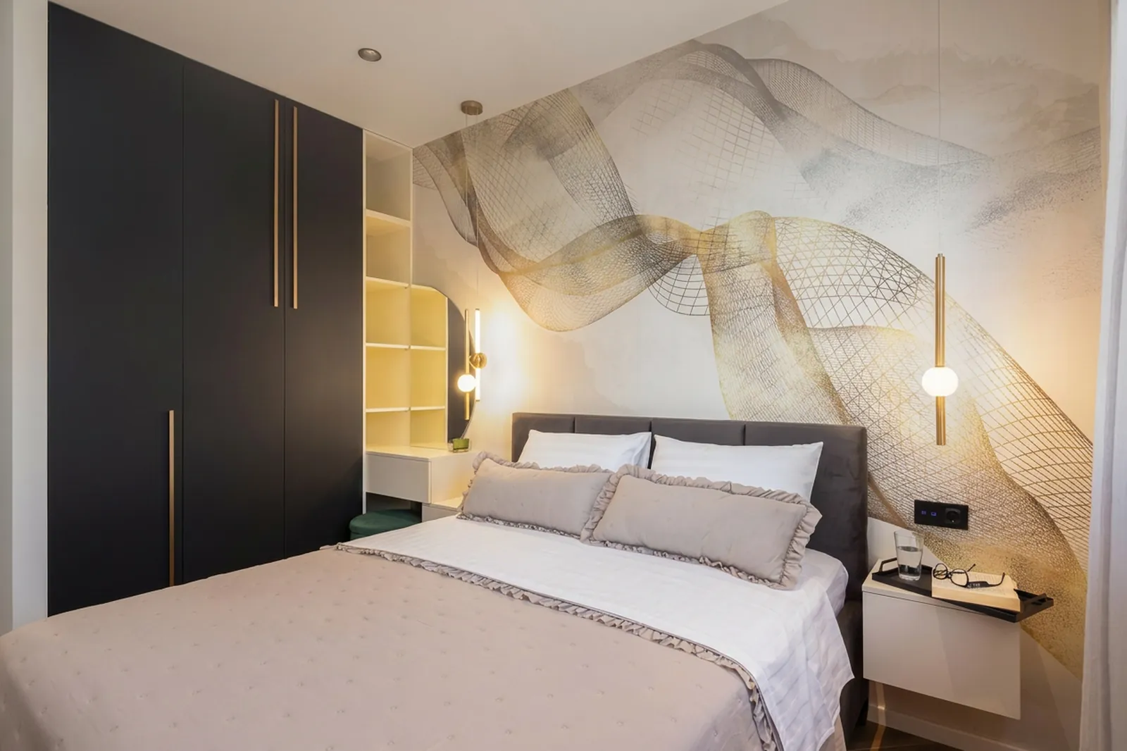 Second suite in charcoal tones with a designer headboard