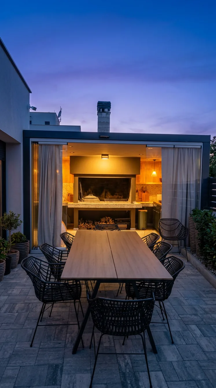 Outdoor dining table set on the terrace in the evening light