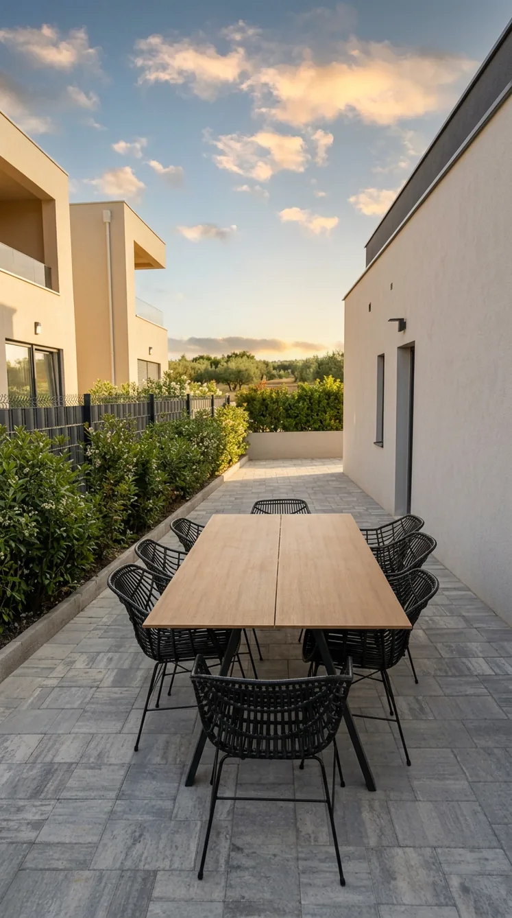 Side courtyard path and shaded dining nook