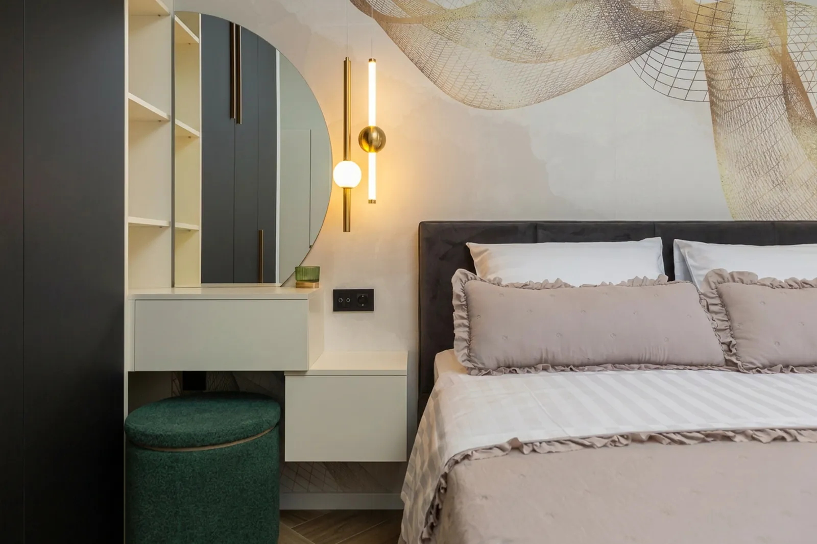 Bedroom with an integrated shelf and warm accent light