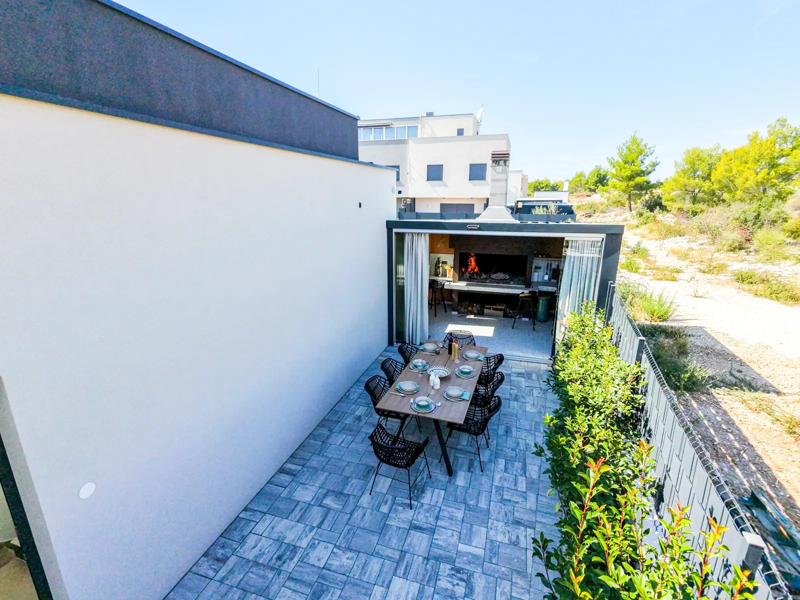 Aerial view of Villa M and the pool from above